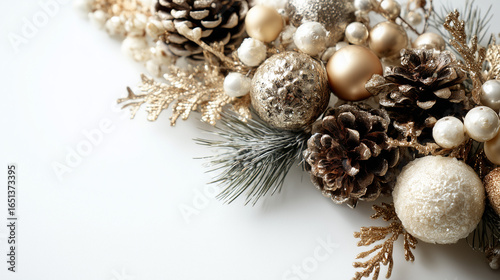 Merry Christmas and happy New Year background.
Christmas gold balls, fir branches, cones. Merry christmas card. Winter holiday theme. Christmas decoration isolated. Space for text. AI generation	