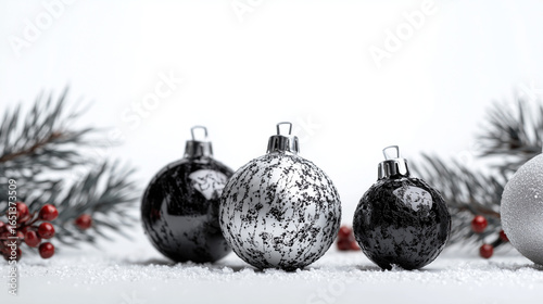 Merry Christmas and happy New Year background.
Christmas black balls, fir branches, cones. Merry christmas card. Winter holiday theme. Christmas decoration. Space for text. AI generation	