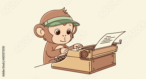 Adorable Cartoon Monkey Typing on Vintage Typewriter Wearing a Hat.
