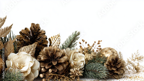 Merry Christmas and happy New Year background.
Christmas flowers, fir branches, cones. Merry christmas card. Winter holiday theme. Christmas decoration isolated. Space for text. AI generation
