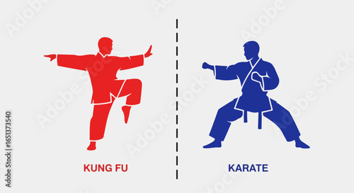 Red Kung Fu Practitioner and Blue Karate Fighter in Dynamic Poses.