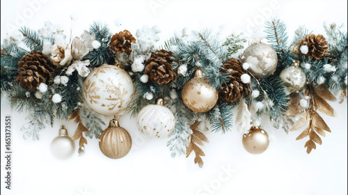 Merry Christmas and happy New Year background.
Christmas balls, fir branches, cones. Merry christmas card. Winter holiday theme. Christmas decoration isolated on a background. AI generation	