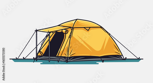 Bright Yellow Dome Tent with Extended Awning and Guy Lines.