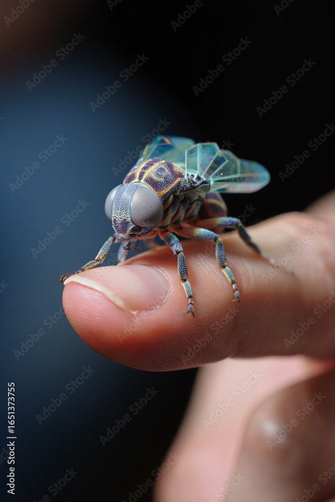 Obraz premium Close up a tiny insect with wings sitting on a human finger