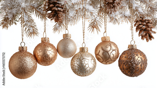 Merry Christmas and happy New Year background.
Christmas balls, fir branches, cones. Merry christmas card. Winter holiday theme. Christmas decoration isolated on white background. AI generation	