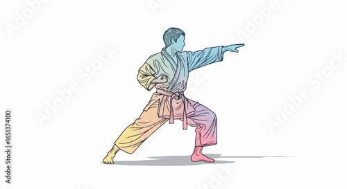 Dynamic Karateka in Rainbow Hues Executes Powerful Punching Stance.