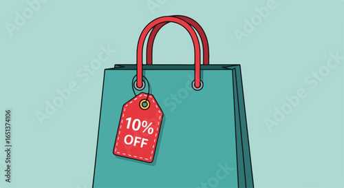 Teal Shopping Bag with Red Handle and 10 Off Tag.
