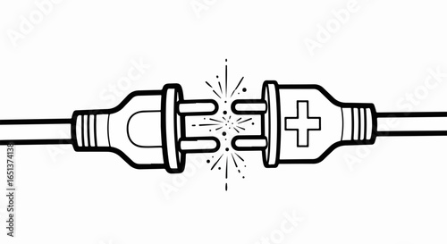 Two electrical plugs with wires connecting, sparking with energy.
