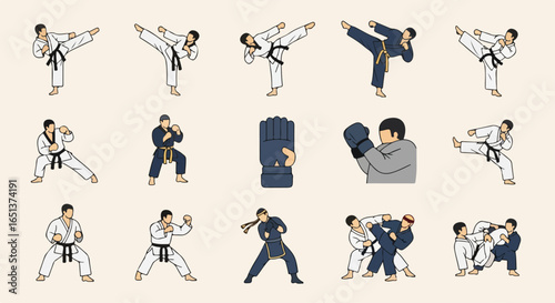 Dynamic Martial Arts Poses and Training Equipment Illustrations.