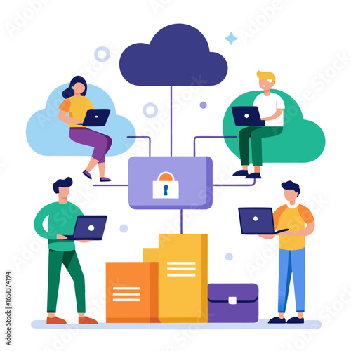 Vector art of team collaborating on laptops connected to a secure cloud network for data sharing and digital business operations