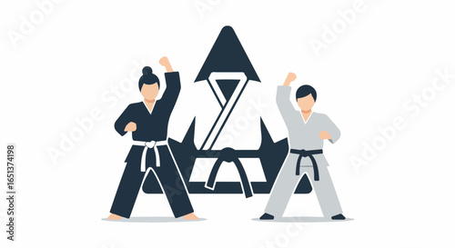 Two Martial Artists in Dynamic Poses with Karate Gi and Belt.
