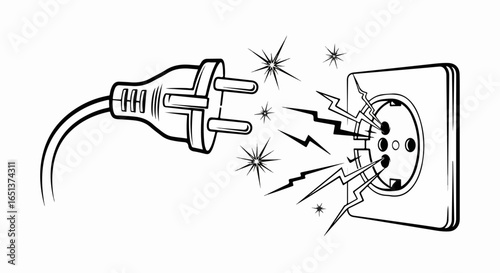 Hand-drawn illustration of electrical plug connecting to a sparking wall socket.