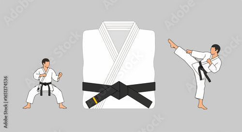 Martial Arts Uniform and Dynamic Fighters in Action Poses.