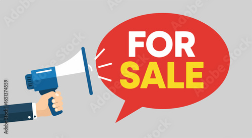 Megaphone Announcing For Sale in a Red Speech Bubble.