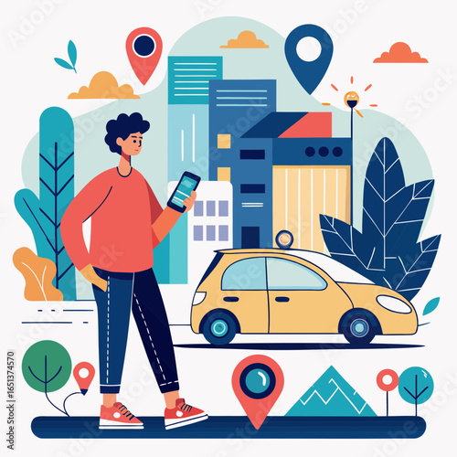 Vector art of man using a mobile app to book a ride in a yellow car in a vibrant city with urban buildings, plants, and navigation markers