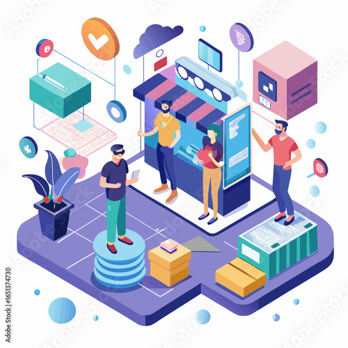 Vector art of people interacting with virtual reality and augmented reality technology in a futuristic digital marketplace, showcasing innovation and online commerce