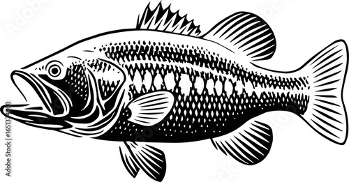 Detailed line drawing of a largemouth bass, perfect for fishing enthusiasts, educational resources, or creating stylish nautical designs with a sleek and modern aesthetic