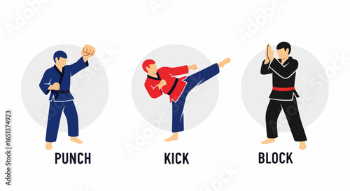 Three Martial Artists Demonstrating Punch, Kick, and Block Techniques.