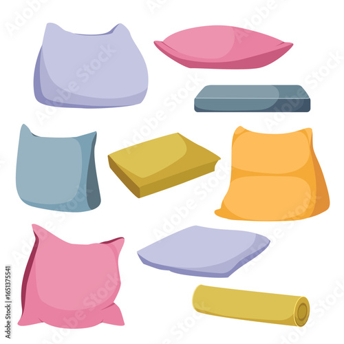 Flat vector illustration set pack with soft pillows, seat cushions and decorative pads. game assets, and cozy lifestyle projects.