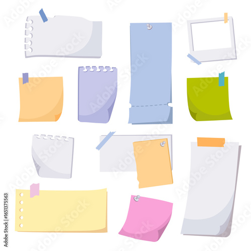 Flat vector illustration pack with colorful sticky notes, memo papers, taped and pinned sheets. Game assets, and cozy lifestyle projects.