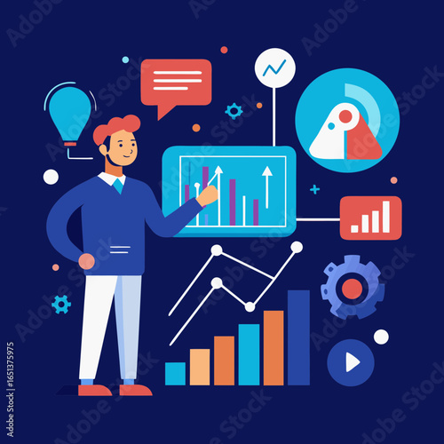 Vector art of business professional analyzing data and charts to demonstrate growth and progress, symbolizing successful strategy and financial performance in a modern, datadriven environment