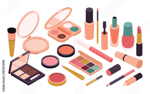Collection of various makeup products arranged in a flat lay style