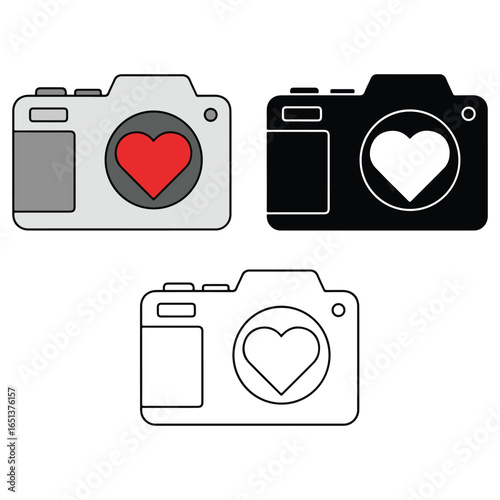 Three stylized cameras with hearts one red one white one outline love photography