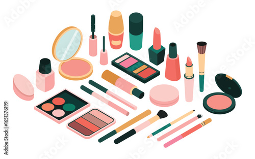 Collection of colorful makeup products arranged in a pleasing composition