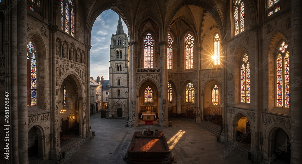 Fototapeta premium Gothic Cathedral Interior with Stained Glass and Tower View