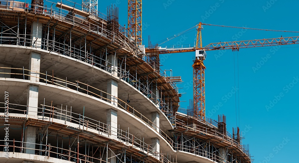 Fototapeta premium Construction site with crane and unfinished building against a clear sky