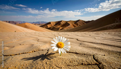 Fototapeta Naklejka Na Ścianę i Meble -  Close Up View Of A Daisy Flower Blooming In The Desert Landscape With The Sand Dunes Under The Sun Light