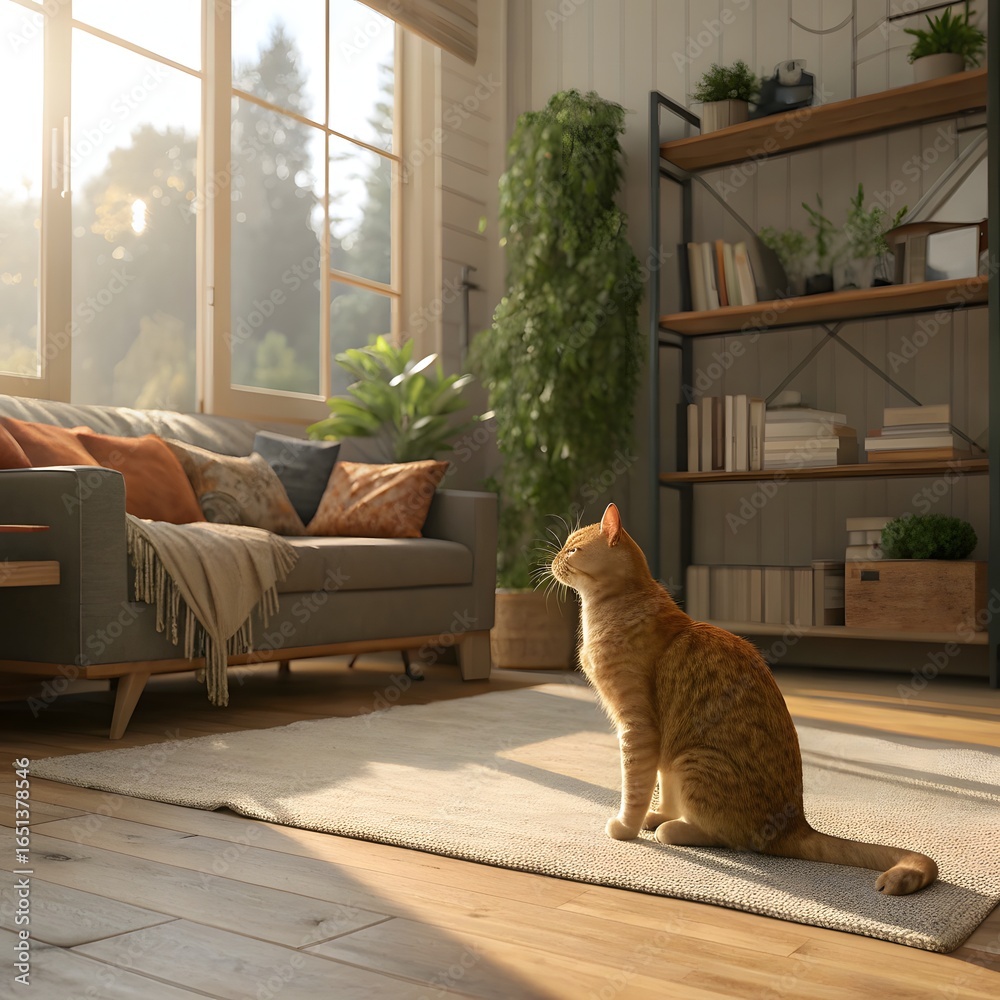 Naklejka premium Ginger cat sitting on floor in cozy living room. Interior decor