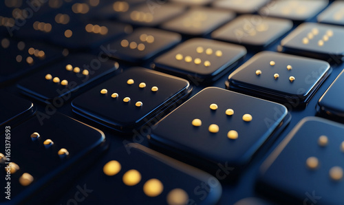Black and gold Braille keyboard with illuminated dots, symbolizing accessibility and technology.