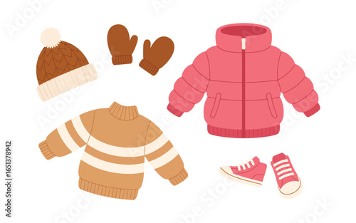 Collection of warm winter clothing and accessories for cold weather