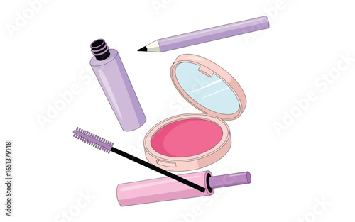Collection of purple and pink makeup products including mascara and blush