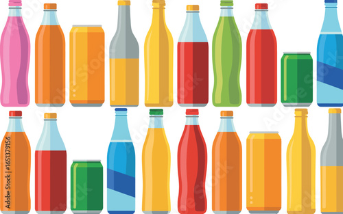 Collection of colorful beverage bottles and cans in a grid layout