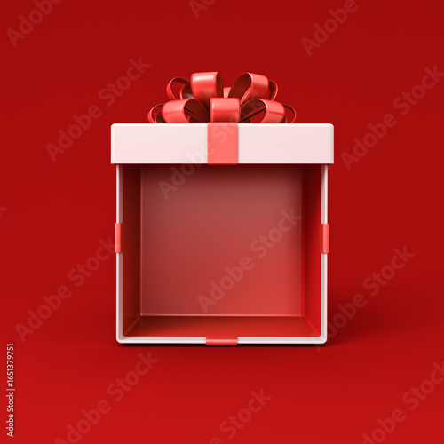 Blank white gift box mockup exhibition booth stand open or opened present box tied with red ribbon bow isolated on dark red background with shadow minimal creative idea conceptual 3D rendering