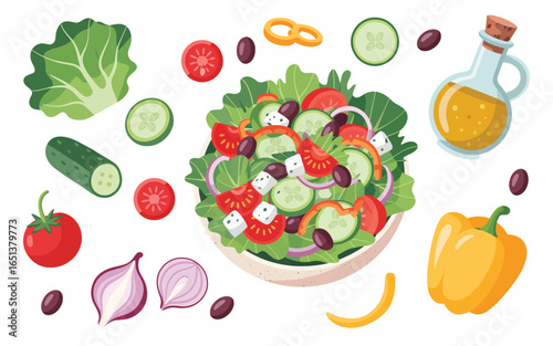 Fresh greek salad ingredients and prepared dish