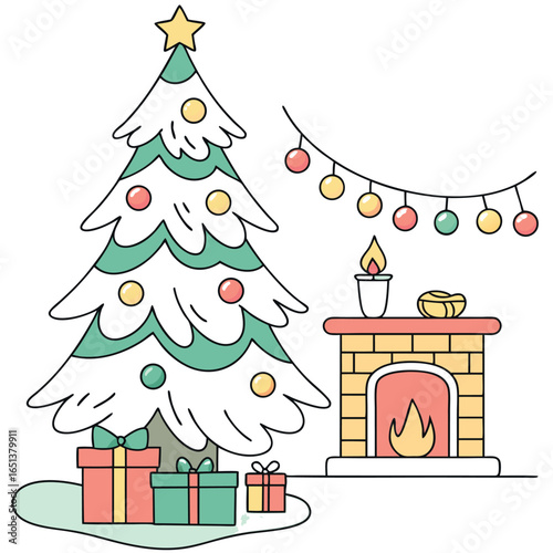 Festive scene tree, gifts, fireplace, lights