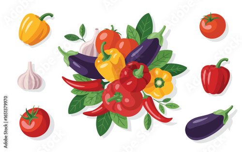 Vibrant assortment of fresh vegetables and herbs on white background
