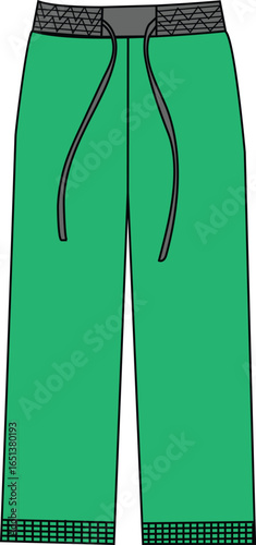 Green Drawstring Pants Vector with Patterned Waistband and Hem
