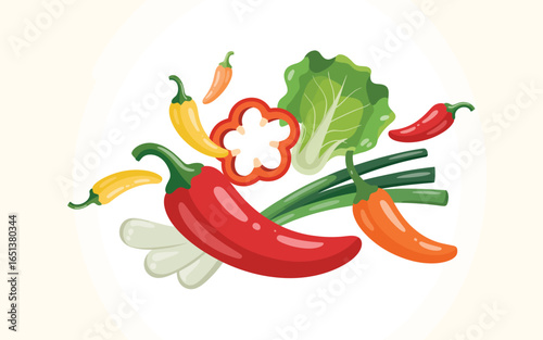 Assortment of fresh vegetables including peppers lettuce and leeks