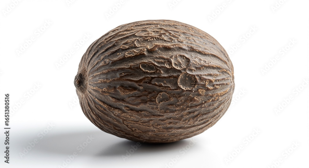 Obraz premium Close-up of a single nutmeg on a white background, showcasing its textured surface and detail.