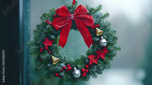 Decorative Christmas Wreath with Red Bows and Ornaments