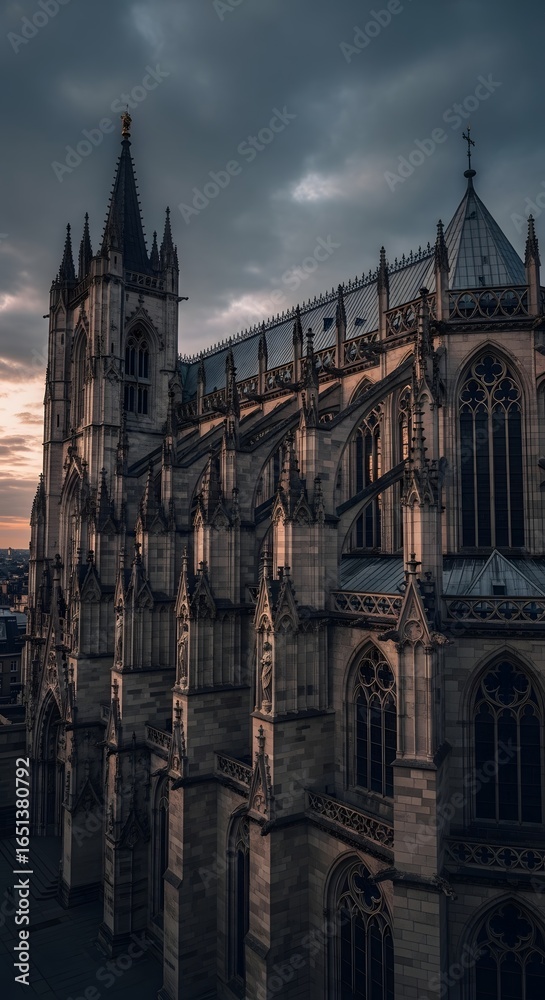 Fototapeta premium Gothic cathedral at twilight, moody clouds and detailed stonework
