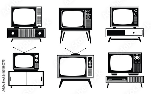 Vintage television sets collection on stands and cabinets