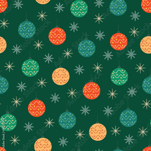 Christmas baubles and snowflakes vector seamless pattern. Holly jolly surface design of Xmas balls and snow crystals on green background