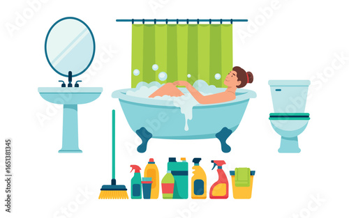Woman relaxing in a bubble bath with bathroom cleaning supplies and fixtures