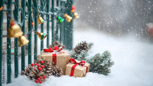Snowy Winter Scene with Decorated Fence, Sleigh, and Gifts