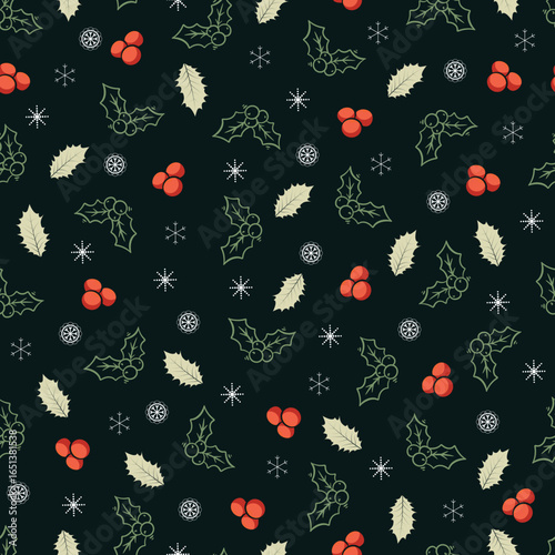 Christmas holly leaves vector seamless pattern. Holly jolly Xmas surface design of spiny laurel leaves and snowflakes on dark background